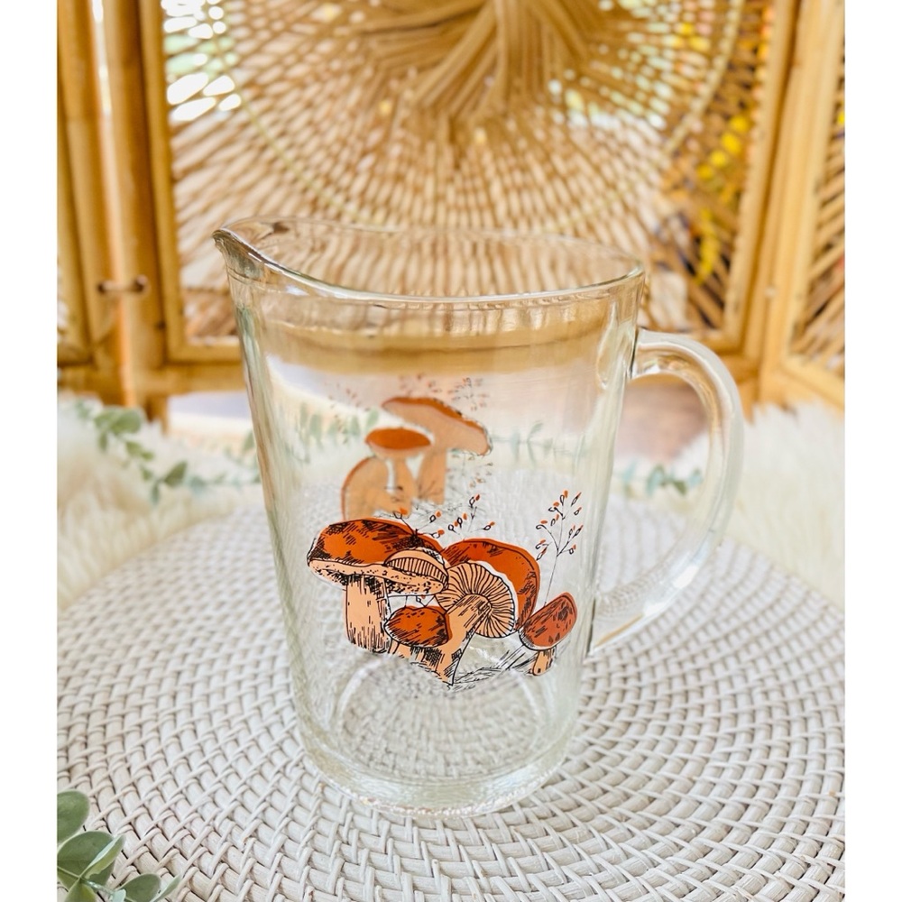 Vintage Retro 70s Mushroom Print Glass Pitcher - Picture 3 of 4
